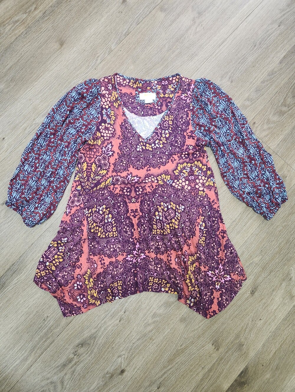 Maeve by Anthropologie Mariella Mixed Print Hanky Hem Boho Tunic Blouse